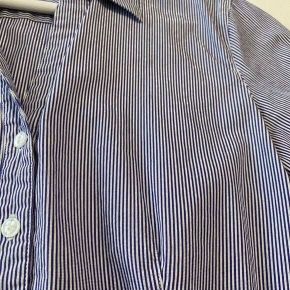 Chico's Wms 1/Med Blue White Pinstripe Button Up Top Silver Metallic Threads - Picture 3 of 5